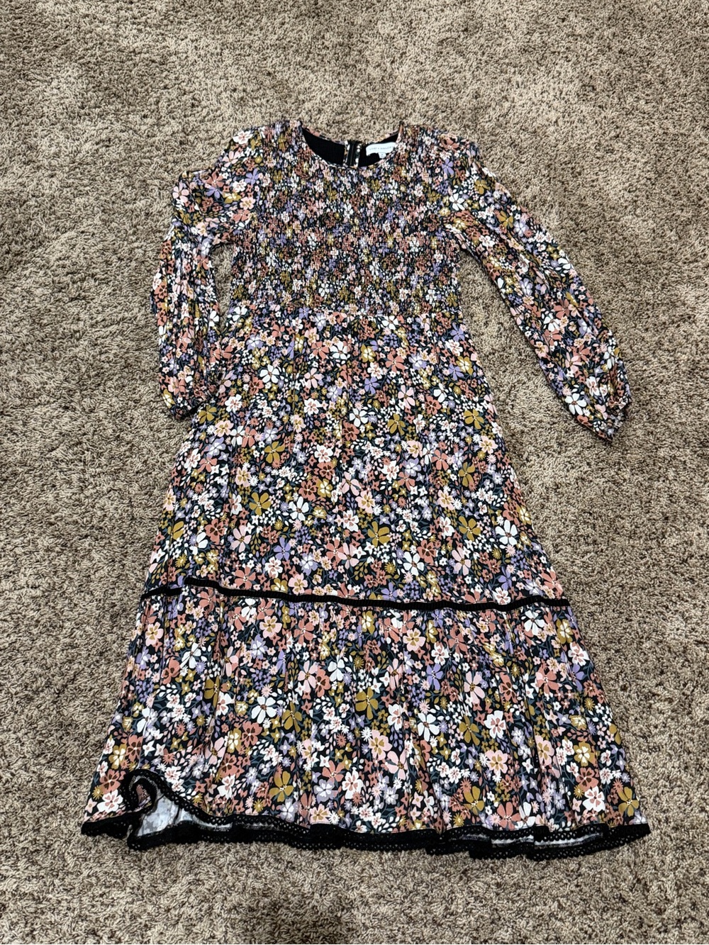 Lost + Wander Smocked Floral Midi Dress in Black, Pink and Mustard